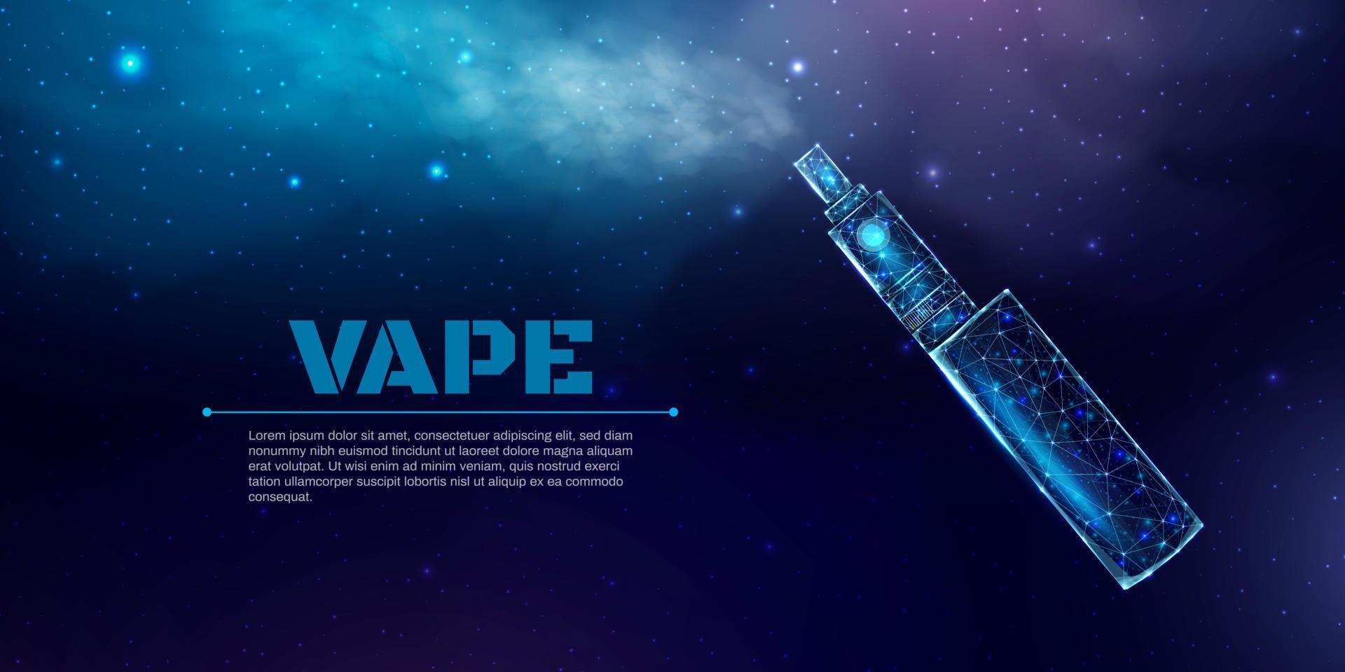 vaping pen device kit and mod wireframe poster template with glowing low poly vaping box futuristic modern abstract isolated on dark blue background illustration vector